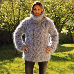 Cable Hand Knit Mohair Sweater black gray mix Fuzzy Turtleneck Handgestrickt pullover by Extravagantza