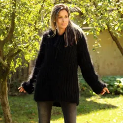 Ribbed Hand Knit Mohair Sweater black hooded Fuzzy Turtleneck Handgestrickt pullover by Extravagantza
