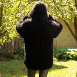 Ribbed Hand Knit Mohair Sweater black hooded Fuzzy Turtleneck Handgestrickt pullover by Extravagantza
