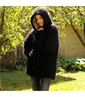 Ribbed Hand Knit Mohair Sweater black hooded Fuzzy Turtleneck Handgestrickt pullover by Extravagantza