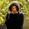 Ribbed Hand Knit Mohair Sweater black hooded Fuzzy Turtleneck Handgestrickt pullover by Extravagantza