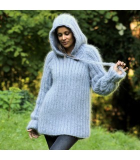 Hooded Cable Hand Knit Mohair Sweater Ribbed Light Gray Fuzzy Handgestrickt pullover