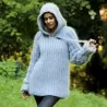 Hooded Cable Hand Knit Mohair Sweater Ribbed Light Gray Fuzzy Handgestrickt pullover