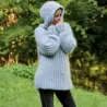 Hooded Cable Hand Knit Mohair Sweater Ribbed Light Gray Fuzzy Handgestrickt pullover