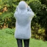 Hooded Cable Hand Knit Mohair Sweater Ribbed Light Gray Fuzzy Handgestrickt pullover