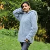 Hooded Cable Hand Knit Mohair Sweater Ribbed Light Gray Fuzzy Handgestrickt pullover
