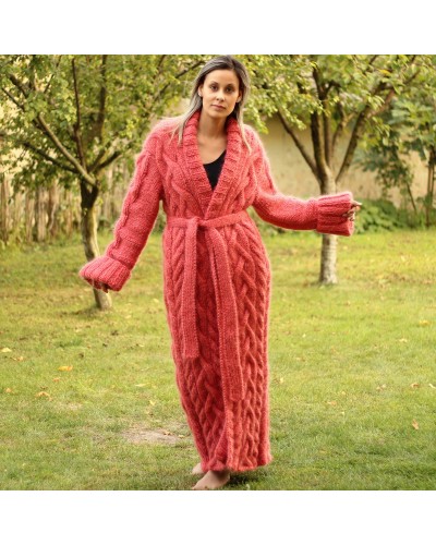 Coral Hand Knitted Mohair Coat Cardigan Shawl Fuzzy With a Belt jacket