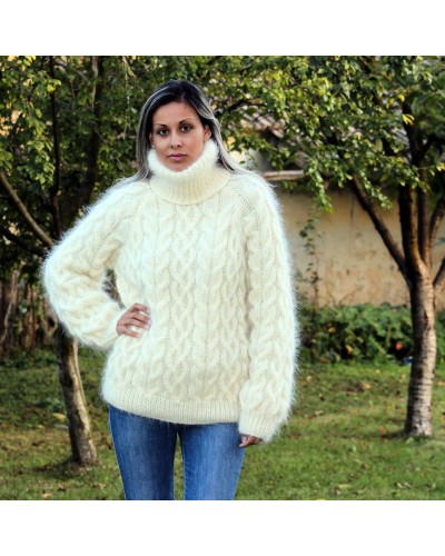Cable Hand Knit Mohair Sweater Off White color Fuzzy Turtleneck Pullover