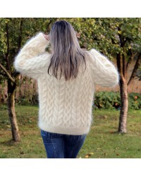 Cable Hand Knit Mohair Sweater white Fuzzy Turtleneck Handgestrickt pullover by Extravagantza