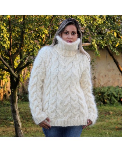 Cable Hand Knit Mohair Sweater White Fuzzy Turtleneck