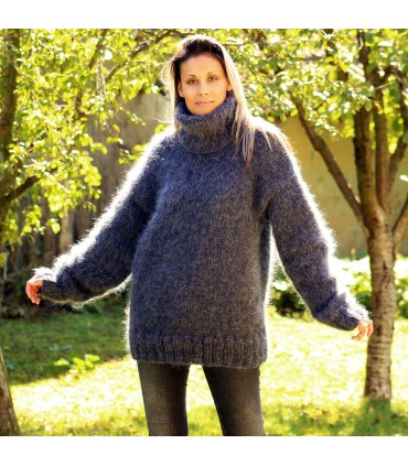 Hand Knitted Mohair Sweater Dark gray color Fuzzy Turtleneck Pullover