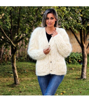 Hand Knitted Mohair Cardigan White Cream Fuzzy V-neck with pockes Jacket