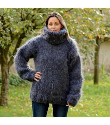7 strands Hand Knit Mohair Sweater Dark Gray mix Fuzzy Turtleneck Pullover Plain Design