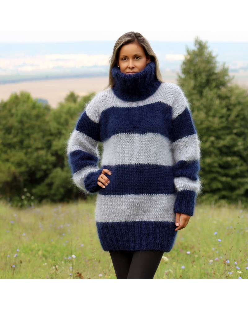 Hand Knit Mohair Sweater striped light and dark blue Fuzzy Turtleneck Handgestrickte pullover by Extravagantza