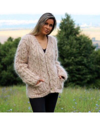 Hand Knitted Mohair Cardigan Very Light Beige Fuzzy V-neck with pockes Jacket