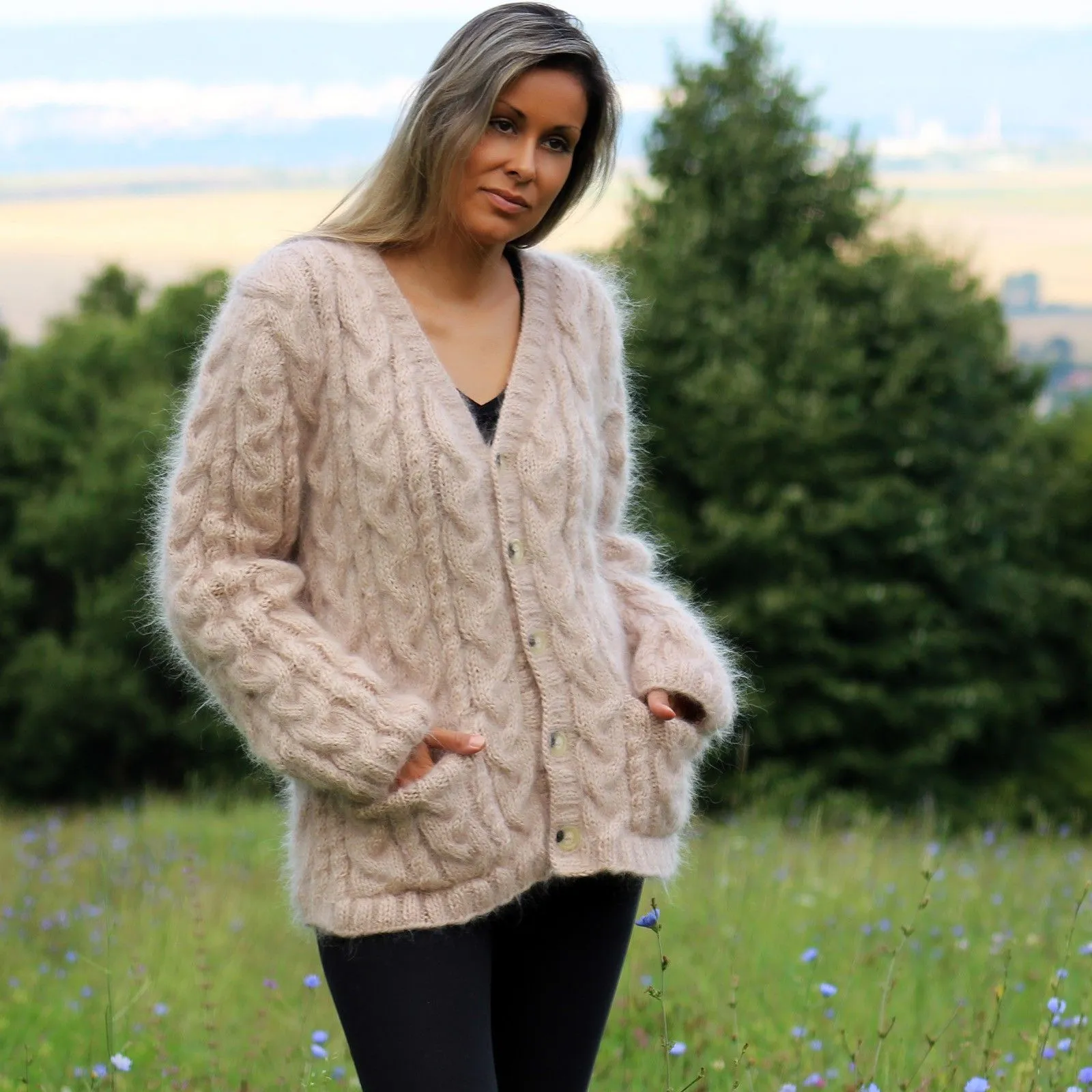 Hand Knit Mohair  Cardigan  Very Light Beige Fuzzy V neck Jacket