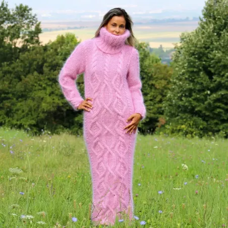 Cable hand Knitted Mohair dress Pink Fuzzy Turtleneck Handgestrickte pullover by Extravagantza