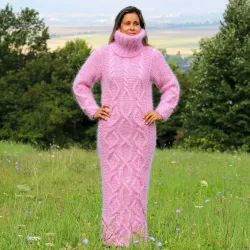 Cable hand Knitted Mohair dress Pink Fuzzy Turtleneck Handgestrickte pullover by Extravagantza