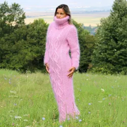 Cable hand Knitted Mohair dress Pink Fuzzy Turtleneck Handgestrickte pullover by Extravagantza