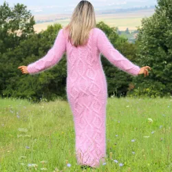 Cable hand Knitted Mohair dress Pink Fuzzy Turtleneck Handgestrickte pullover by Extravagantza