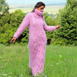 Cable hand Knitted Mohair dress Pink Fuzzy Turtleneck Handgestrickte pullover by Extravagantza