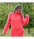 Cable hand Knitted Mohair dress Neon Coral Fuzzy Turtleneck Handgestrickte pullover by Extravagantza