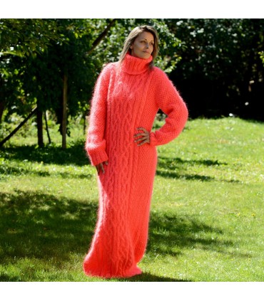 Cable Hand Knit Mohair Dress Neon Coral color Fuzzy Turtleneck