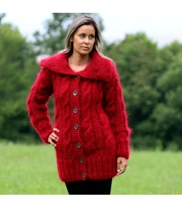 Hand Knit Mohair cardigan red turtleneck Handgestrickte pullover by Extravagantza