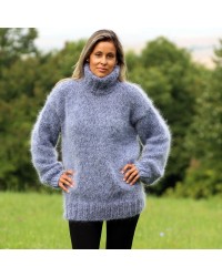 Hand Knit Mohair Sweater Gray Blue Black Fuzzy Turtleneck Handgestrickte pullover