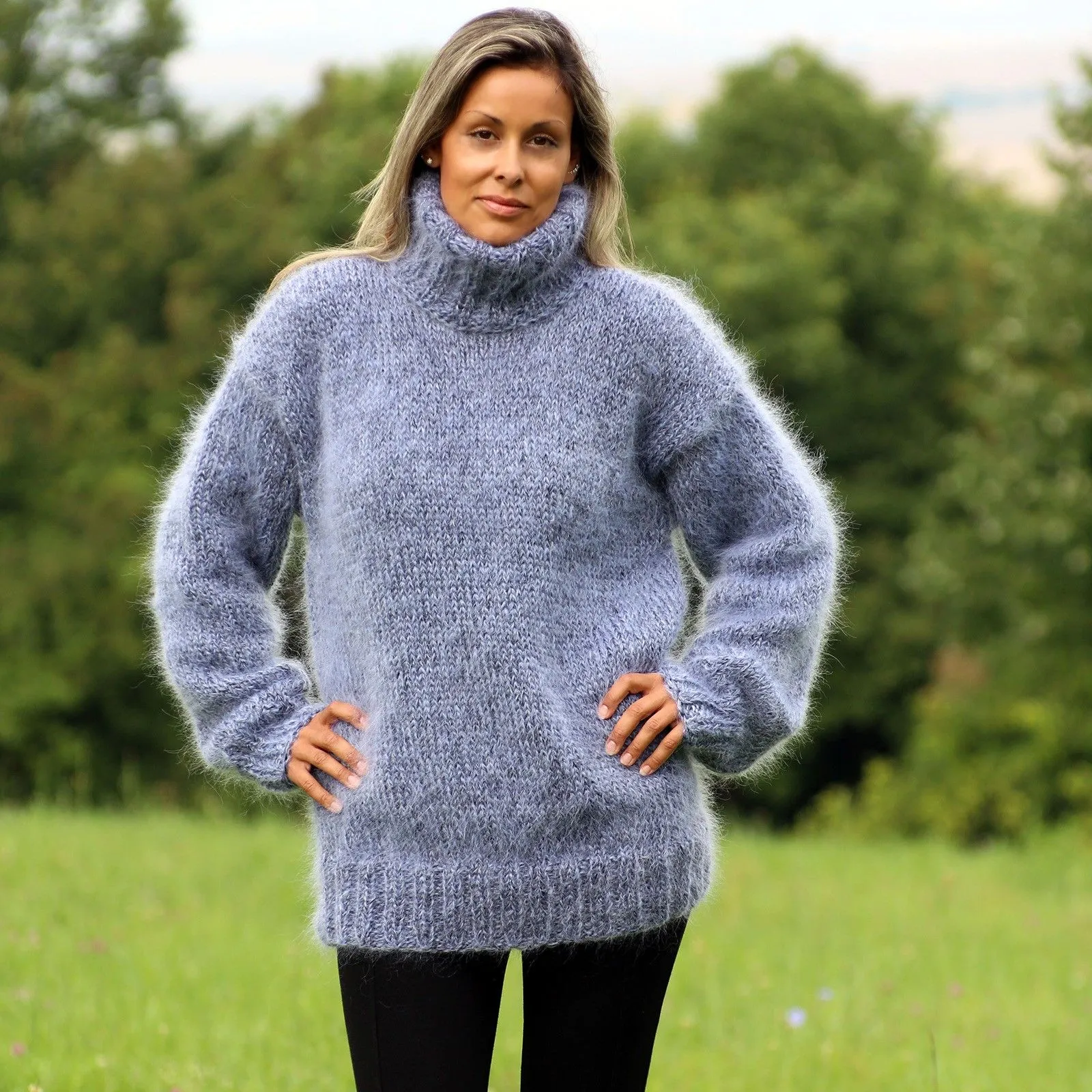 Blue Black color hand knit mohair turtleneck sweater by Extravagantza