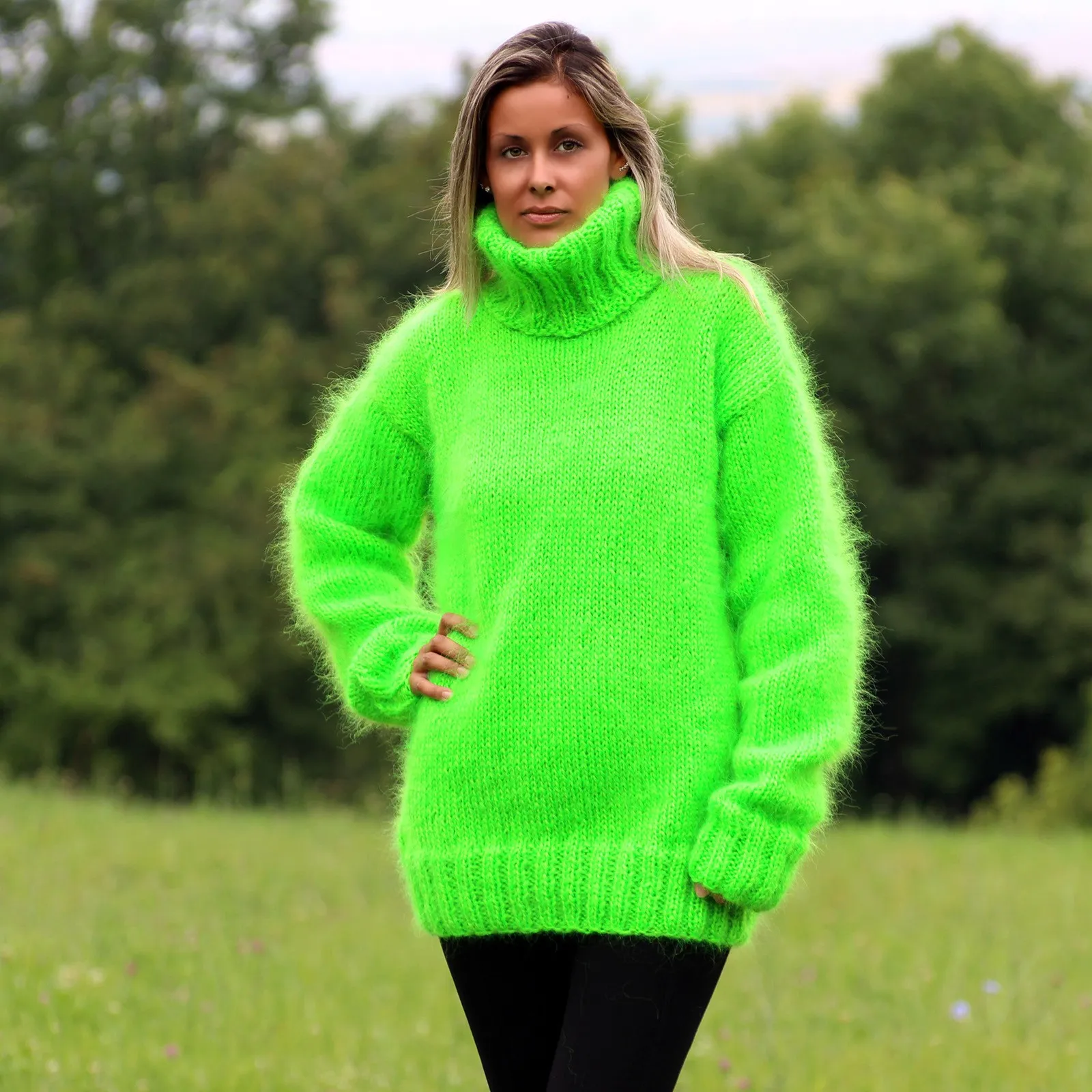 green fluffy sweater