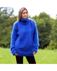 Hand Knit Mohair Sweater Blue Fuzzy Turtleneck Handgestrickte pullover