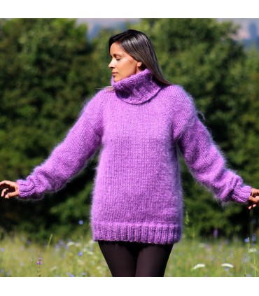 Hand Knit Mohair Sweater Light Lilac Fuzzy Turtleneck 7 strands