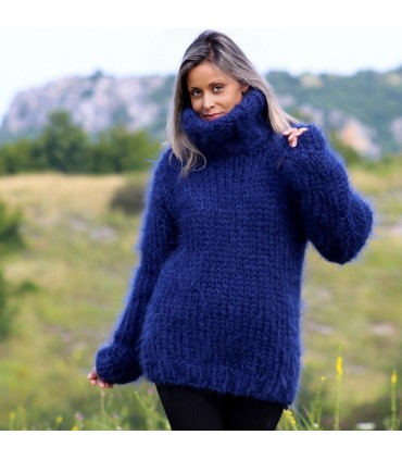 10 strands Hand Knit Mohair Sweater Navy Blue color Fuzzy Turtleneck Plain Design Pullover