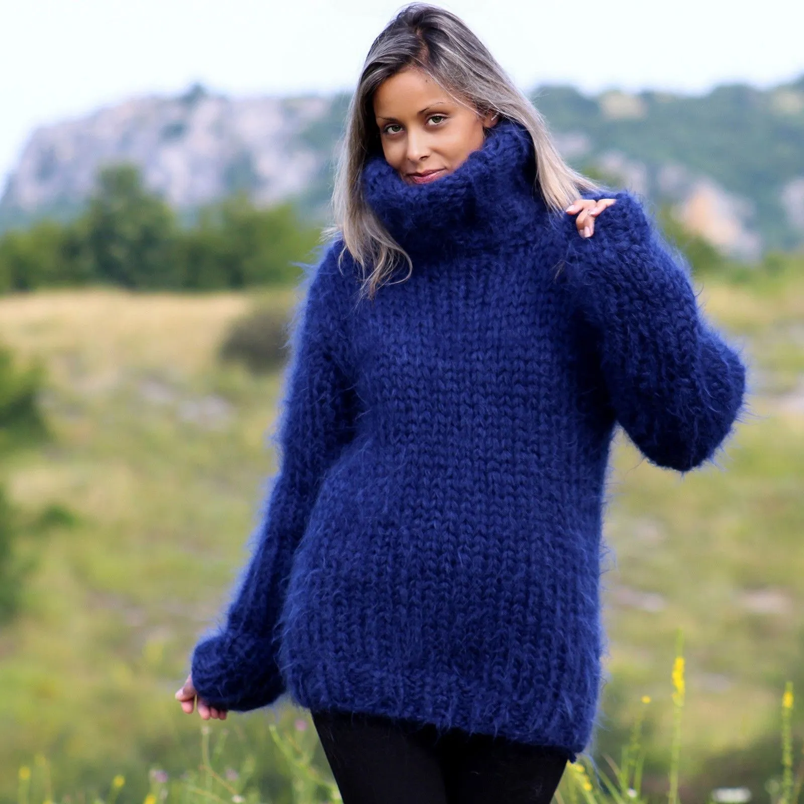 navy blue turtleneck sweater