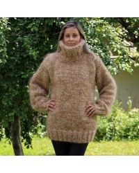 Hand Knit Mohair Sweater Beige Cream Mix Fuzzy Turtleneck