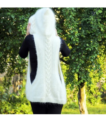 Hand Knit Mohair gilet, Sleeveless cardigan White Cream hooded Handgestrickte pullover by Extravagantza