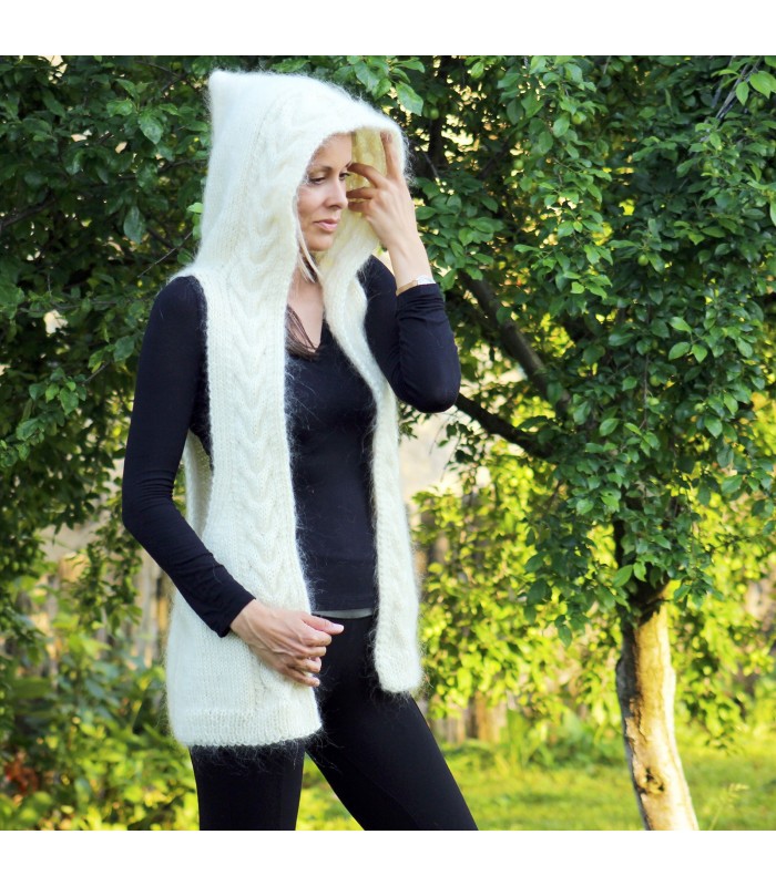 Hand Knit Mohair gilet, Sleeveless cardigan White Cream hooded Handgestrickte pullover by Extravagantza