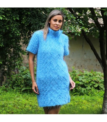Cable Hand Knit Mohair Dress Light Blue Summer Fuzzy Turtleneck
