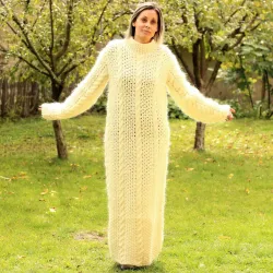 Cable hand Knitted Mohair dress white Fuzzy Removable Turtleneck Handgestrickte pullover by Extravagantza