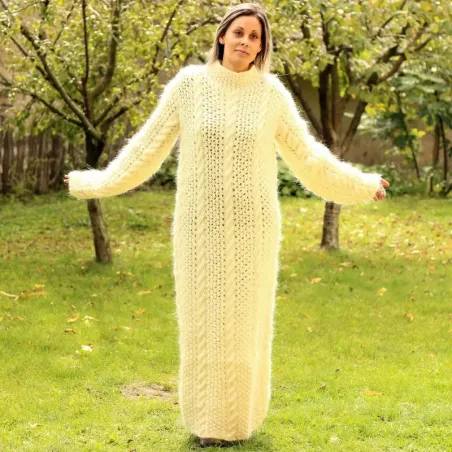 Cable hand Knitted Mohair dress white Fuzzy Removable Turtleneck Handgestrickte pullover by Extravagantza