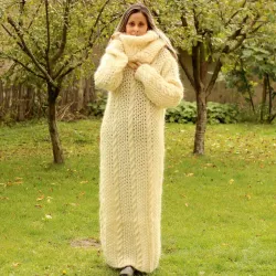 Cable hand Knitted Mohair dress white Fuzzy Removable Turtleneck Handgestrickte pullover by Extravagantza