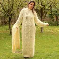 Cable hand Knitted Mohair dress white Fuzzy Removable Turtleneck Handgestrickte pullover by Extravagantza