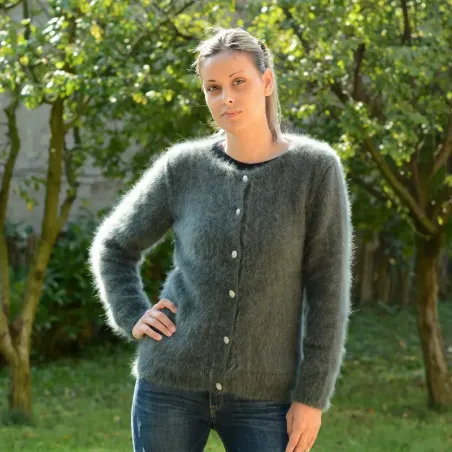 Hand Knit 100% pure angora cardigan dark green Fuzzy Crew Neck Handgestrickte pullover by Extravagantza