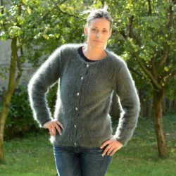 Hand Knit 100% pure angora cardigan dark green Fuzzy Crew Neck Handgestrickte pullover by Extravagantza