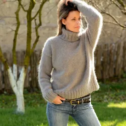 Hand Knit 100% pure angora Sweater light gray Fuzzy turtleneck Handgestrickte pullover by Extravagantza