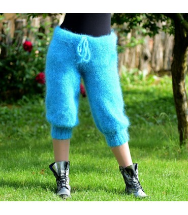 SEXY Summer Turquoise Hand Knit Mohair Pants Cable Fuzzy Leggings