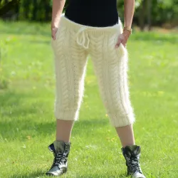 White Hand Knitted Mohair pants Handgestrickt pullover by Extravagantza