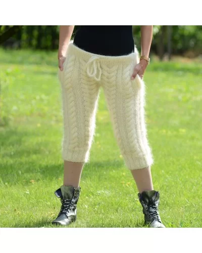 White Hand Knitted Mohair pants Handgestrickt pullover by Extravagantza