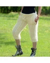White Hand Knitted Mohair pants Handgestrickt pullover by Extravagantza